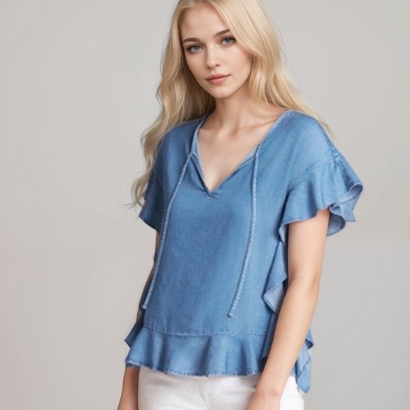 Gap denim ruffle detail short sleeve top - Picture 2 of 6